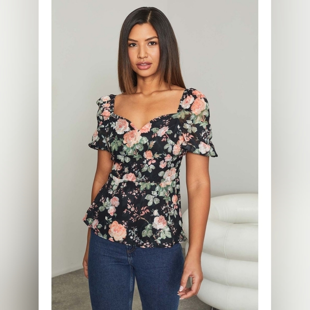 🌸 Lipsey London Black Floral Romantic  Sweetheart Neck Peplum Top | Size 8 NWT